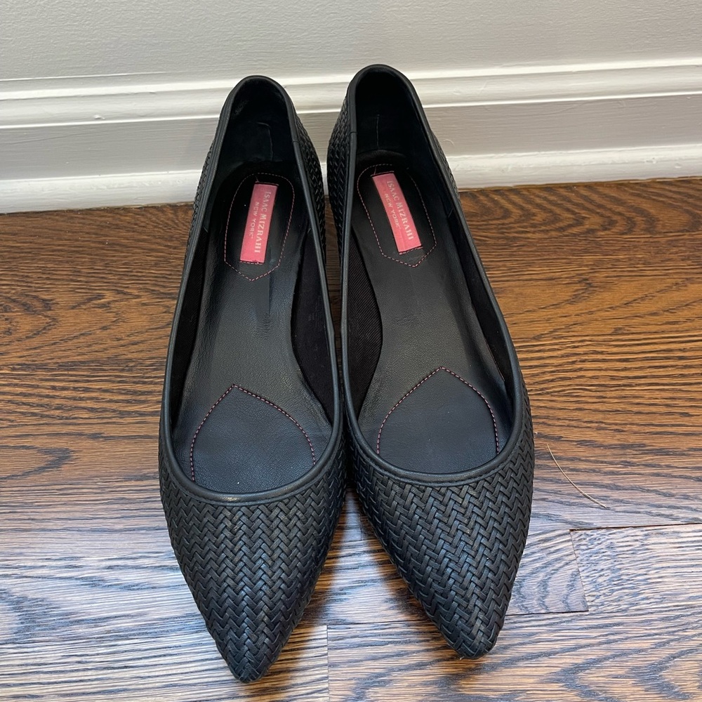 ISAAC MIZRAHI Grisel Kitten Heels Black Leather Shoes Braided Career Size 10